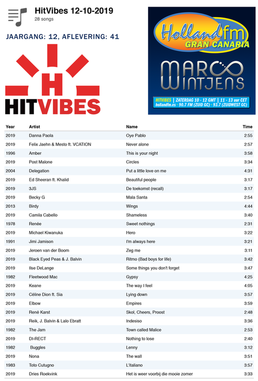 Playlist HitVibes Gran Canaria, Marco Wintjens, Holland FM, 12-10-2019