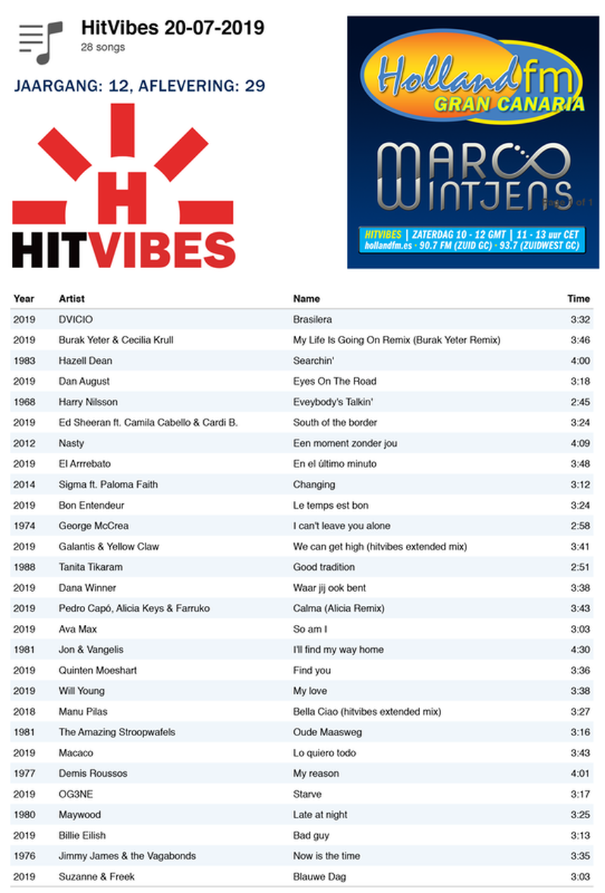 Playlist HitVibes Gran Canaria, zaterdag, 20-07-2019, Marco Wintjens, Holland FM
