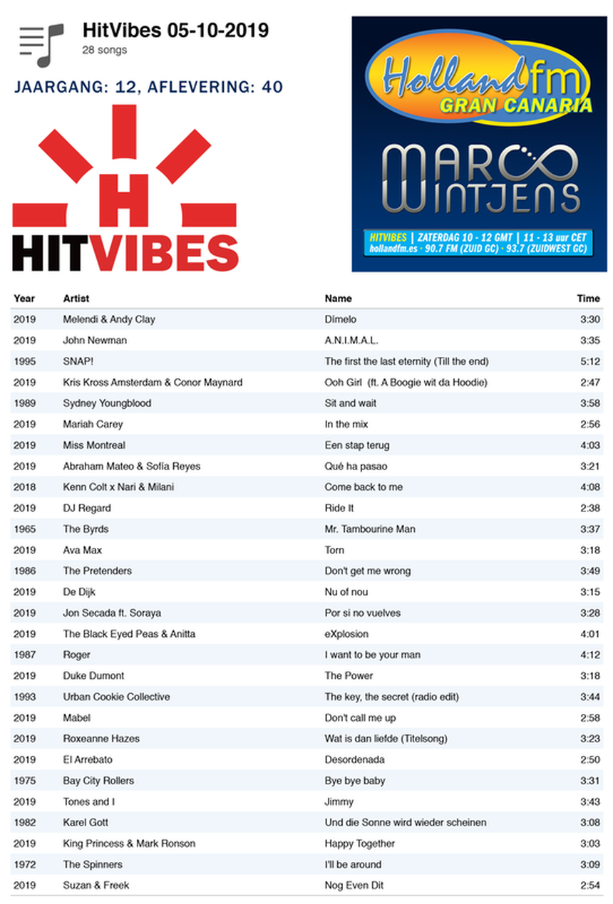 Playlist HitVibes Gran Canaria, zaterdag, 05-10-2019, Marco Wintjens, Holland FM