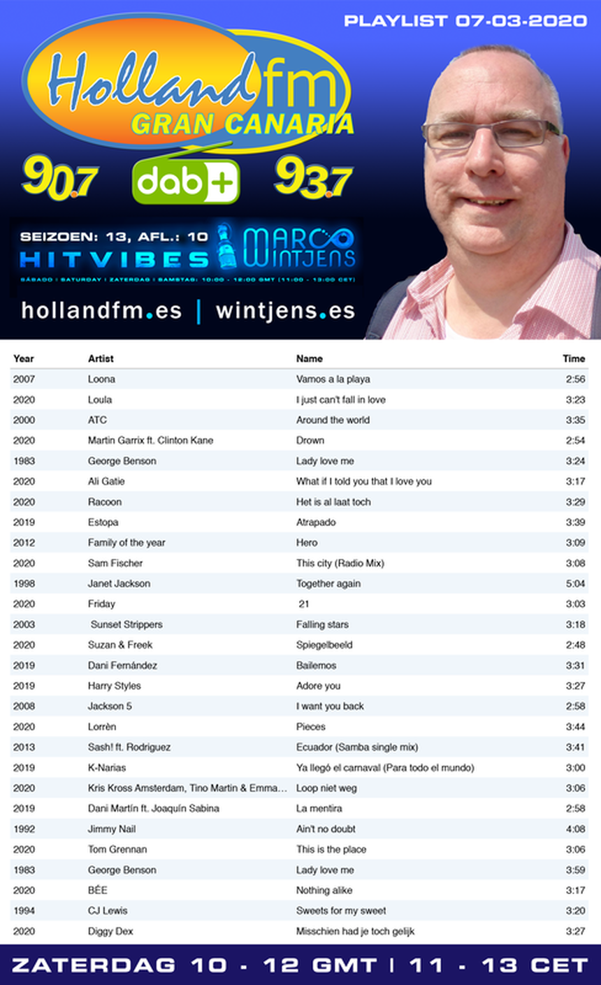 HitVibes Gran Canaria, Playlist, 07-03-2020, Marco Wintjens, Holland FM
