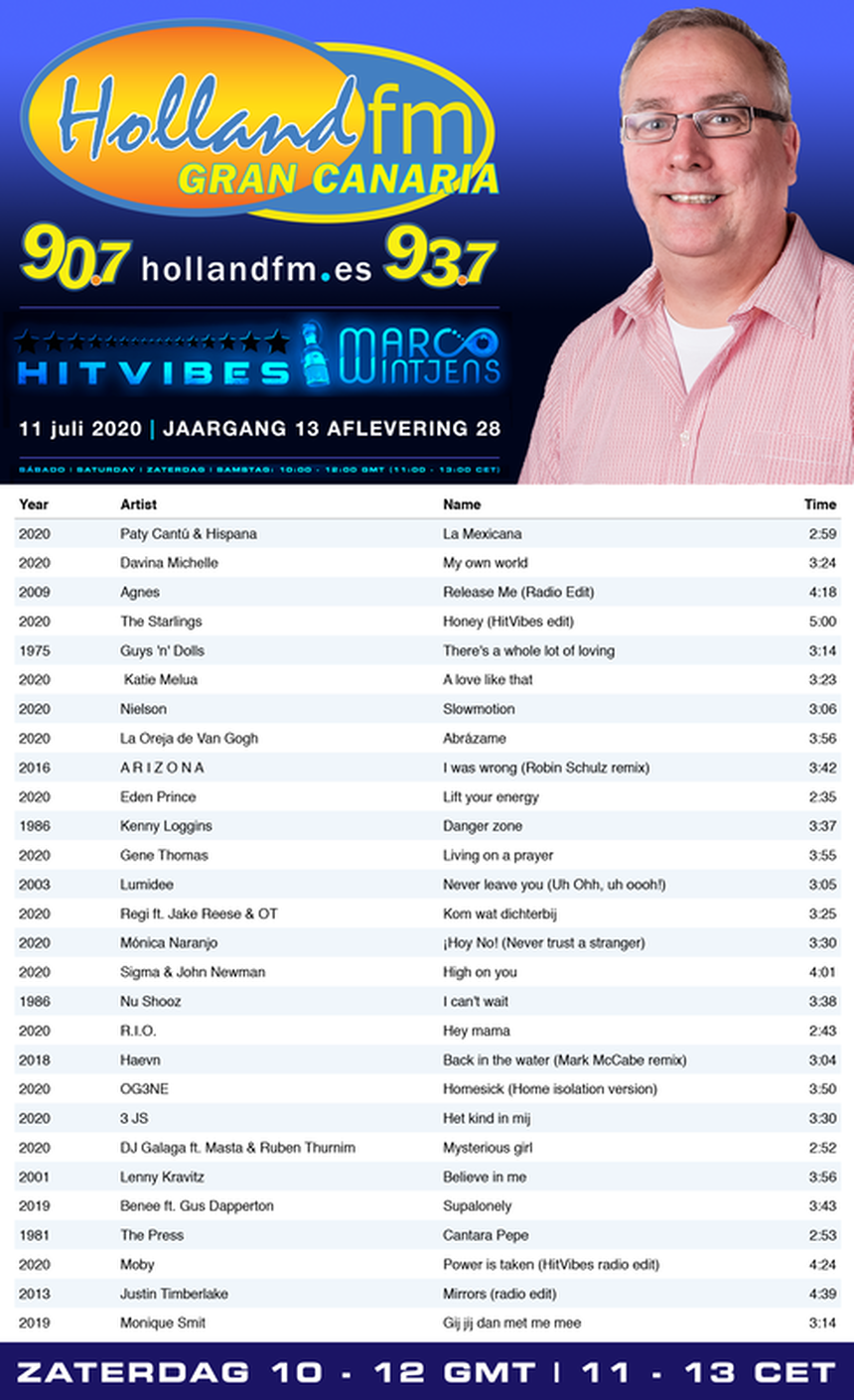 Playlist HitVibes, zaterdag, 11-07-2020, Marco Wintjens, Holland FM, Gran Canaria