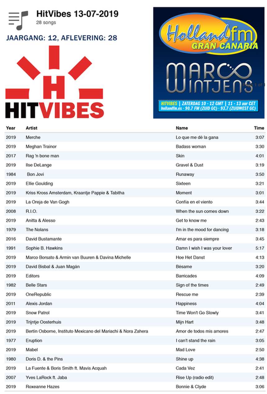 Playlist HitVibes 13-07-2019