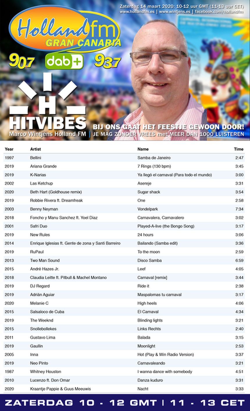 Playlist HitVibes, zaterdag, 14-03-2020, Marco Wintjens, Holland FM