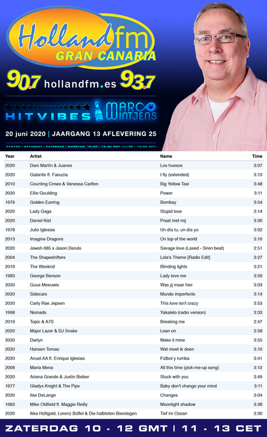 Playlist, HitVibes, Gran Canaria, zaterdag, 20-06-2020, Marco Wintjens, Holland FM