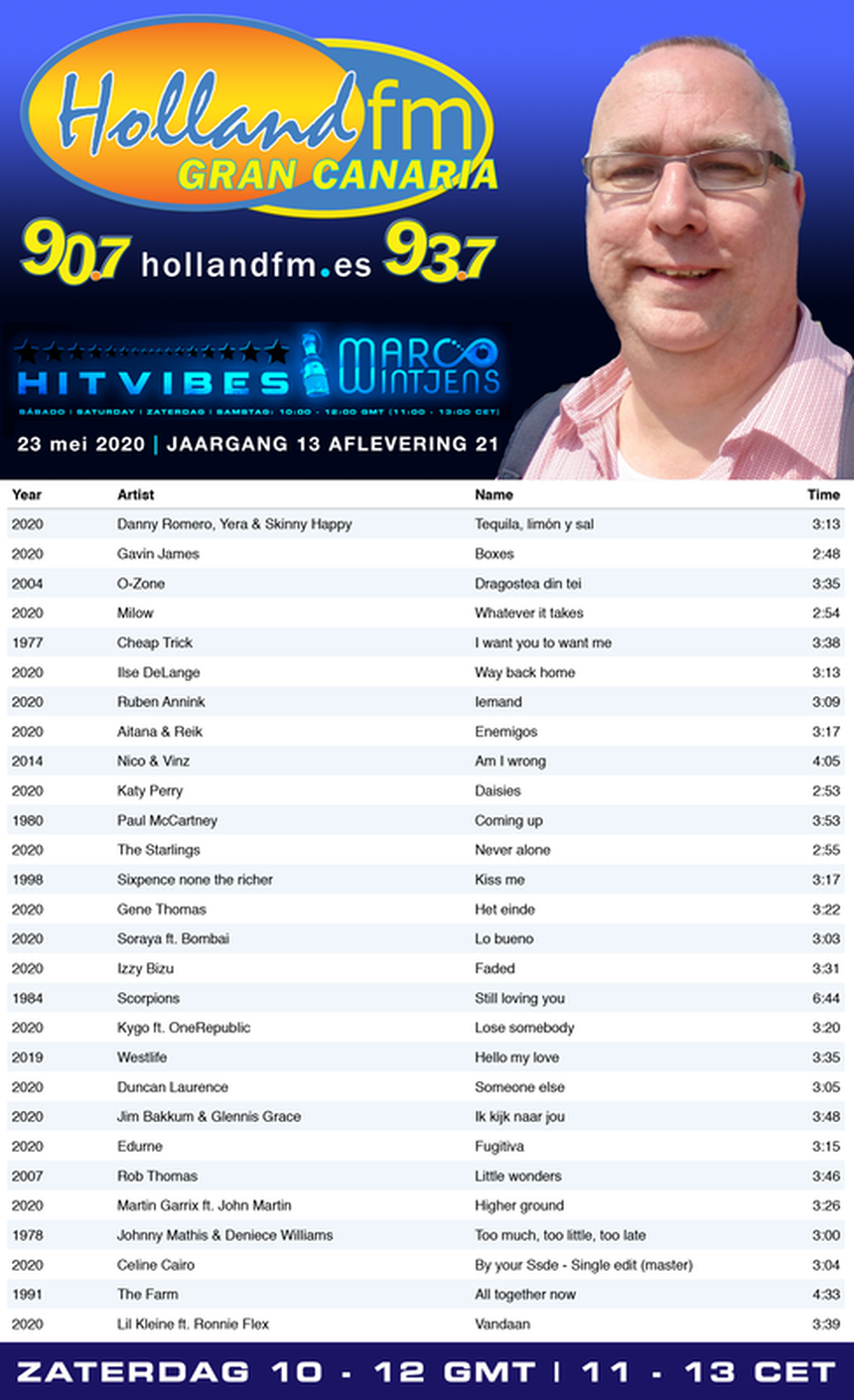 HitVibes, Gran Canaria, Playlist, 23-05-2020, Holland FM, Marco Wintjens