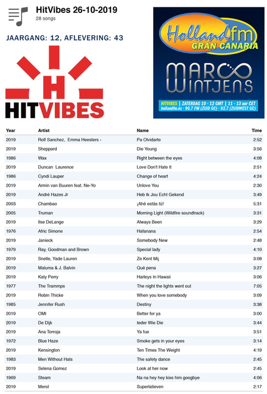 Playlist HitVibes, zaterdag 26-10-2019, Marco Wintjens, Holland FM Gran Canaria